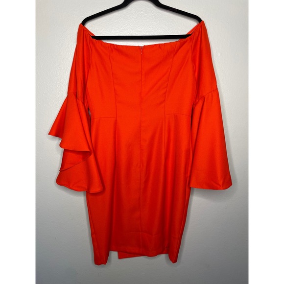 Venus Orange Off Shoulder Dress Womens Size 10 Bell Sleeve Party Cocktail Bright - Picture 3 of 4